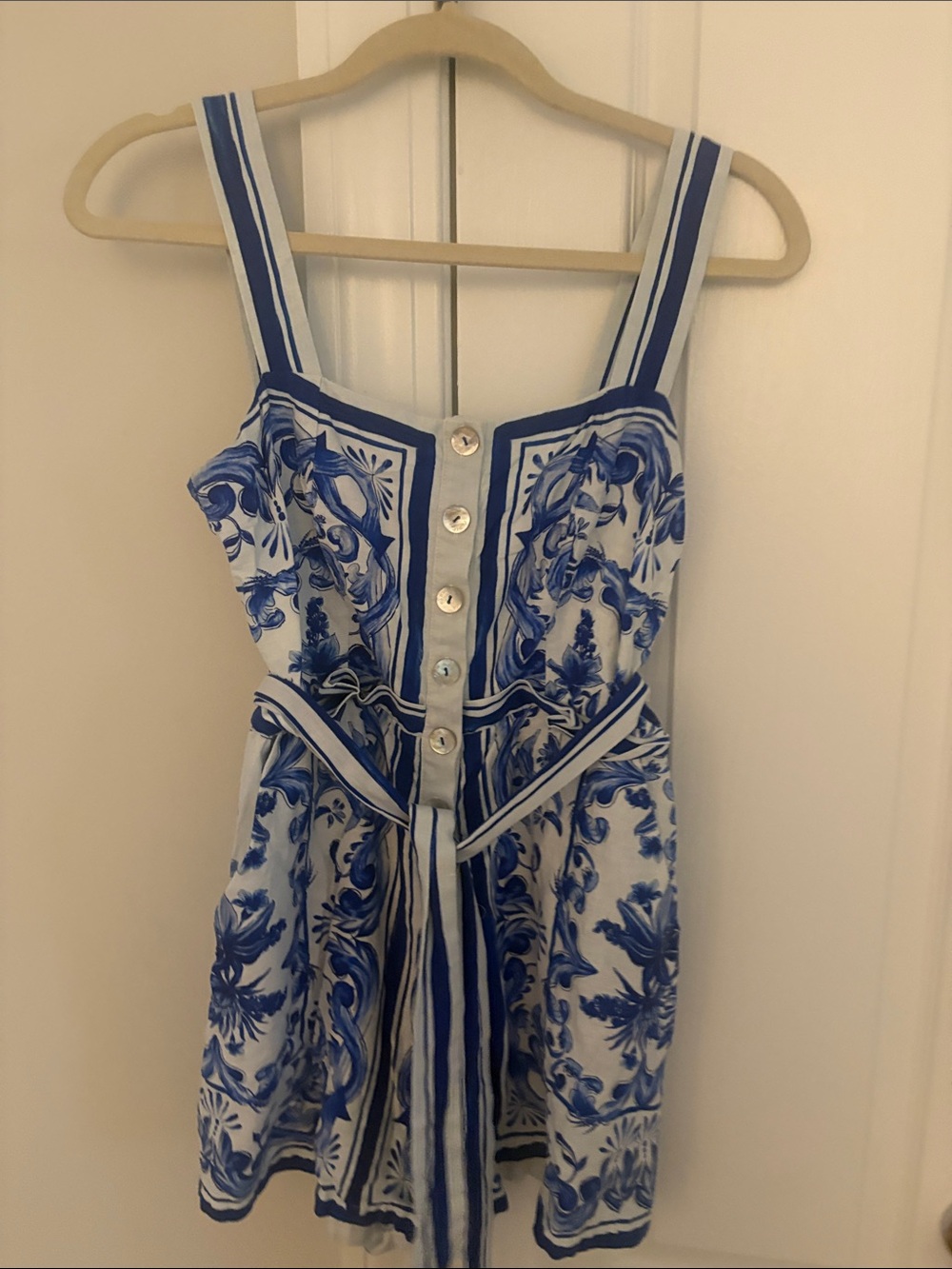 FARM Rio Blue and White Printed Jumpsuit Romper with Tie Waist